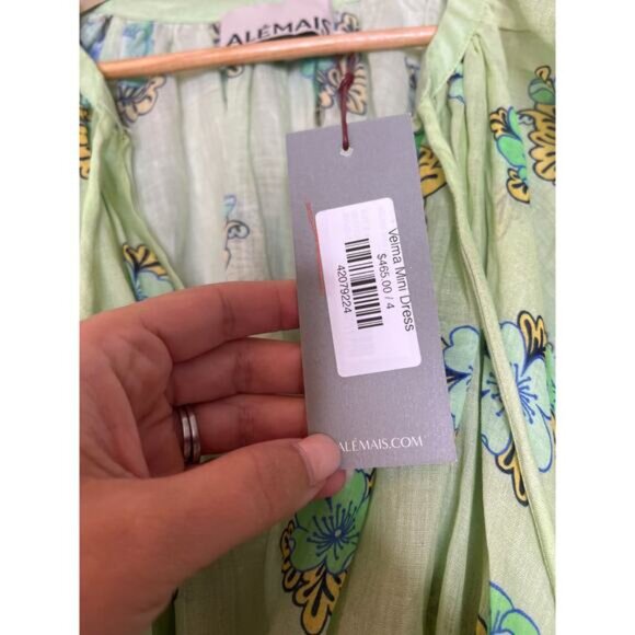 NWT Alemais Velma Lined V-Neckline A-Line Balloon Sleeve Mini Dress Green Size:4 - Picture 6 of 8